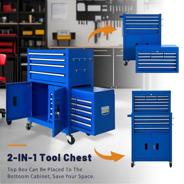 Alt view image 6 of 6 - 13-Drawer Rolling Tool Chest with Double Doors, 2 in 1 Detachable Rolling Tool Chest Combo, Mobile Tool Cabinet with Drawers, Metal Large Lockable Tool Box for Garage Workshop (Blue)