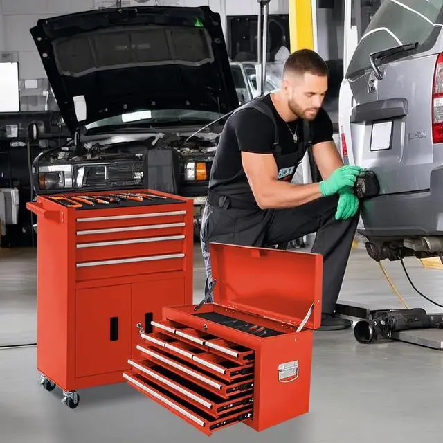 Alt view image 2 of 6 - 13-Drawer Rolling Tool Chest with Double Doors, 2 in 1 Detachable Rolling Tool Chest with Drawers, Metal Large Lockable Tool Box,Mobile Tool Cabinet Combo for Garage Workshop (Red)