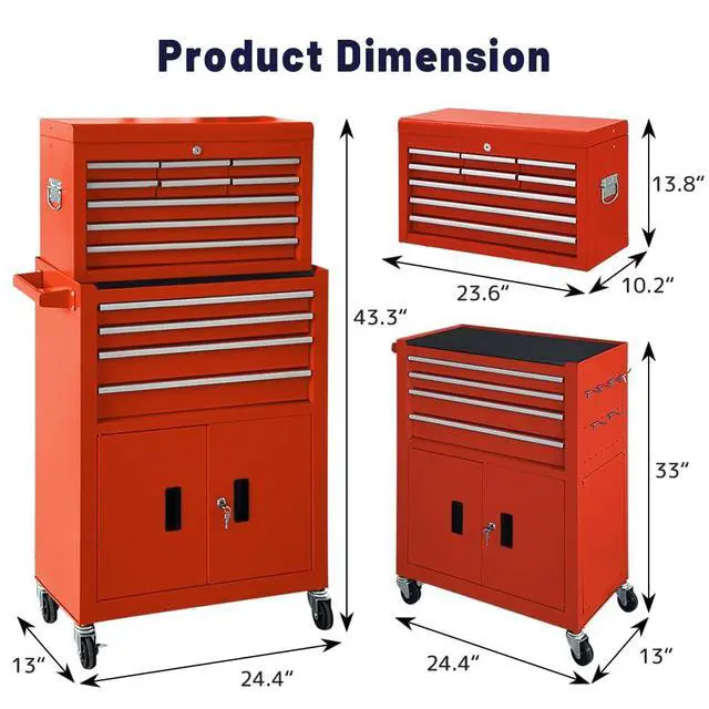 Alt view image 3 of 6 - 13-Drawer Rolling Tool Chest with Double Doors, 2 in 1 Detachable Rolling Tool Chest with Drawers, Metal Large Lockable Tool Box,Mobile Tool Cabinet Combo for Garage Workshop (Red)
