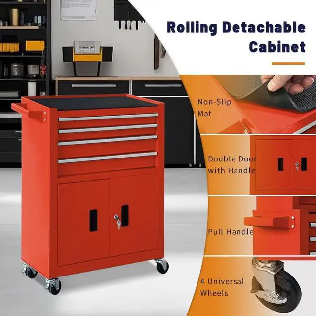 Alt view image 5 of 6 - 13-Drawer Rolling Tool Chest with Double Doors, 2 in 1 Detachable Rolling Tool Chest with Drawers, Metal Large Lockable Tool Box,Mobile Tool Cabinet Combo for Garage Workshop (Red)