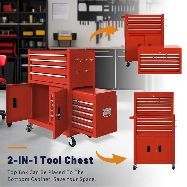Alt view image 6 of 6 - 13-Drawer Rolling Tool Chest with Double Doors, 2 in 1 Detachable Rolling Tool Chest with Drawers, Metal Large Lockable Tool Box,Mobile Tool Cabinet Combo for Garage Workshop (Red)