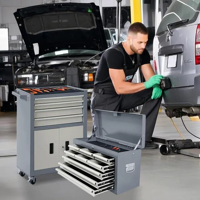 Alt view image 2 of 6 - 13-Drawer Rolling Tool Chest with Double Doors, 2 in 1 Detachable Rolling Tool Chest with Drawers, Mobile Tool Cabinet Combo, Metal Large Lockable Tool Box for Garage Workshop (Gray)