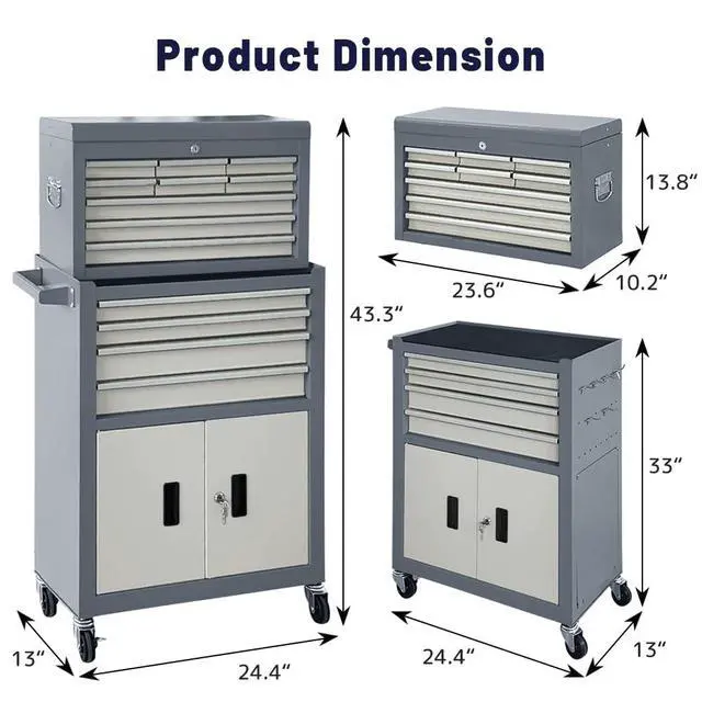 Alt view image 3 of 6 - 13-Drawer Rolling Tool Chest with Double Doors, 2 in 1 Detachable Rolling Tool Chest with Drawers, Mobile Tool Cabinet Combo, Metal Large Lockable Tool Box for Garage Workshop (Gray)