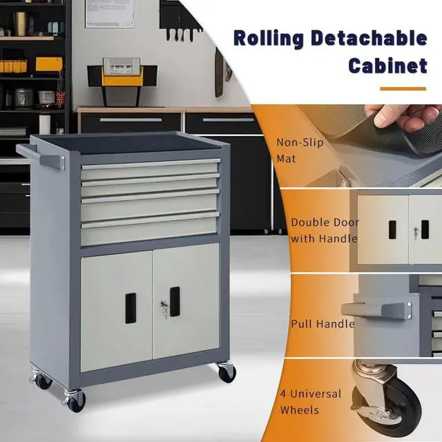 Alt view image 5 of 6 - 13-Drawer Rolling Tool Chest with Double Doors, 2 in 1 Detachable Rolling Tool Chest with Drawers, Mobile Tool Cabinet Combo, Metal Large Lockable Tool Box for Garage Workshop (Gray)