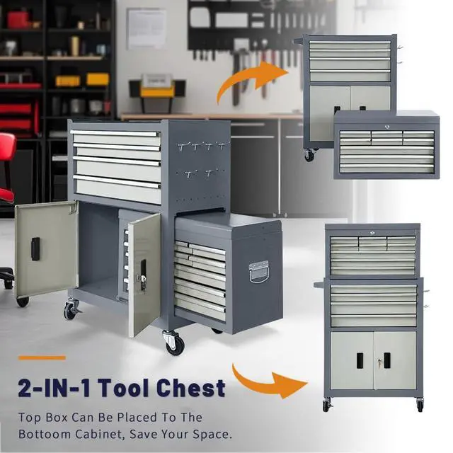 Alt view image 6 of 6 - 13-Drawer Rolling Tool Chest with Double Doors, 2 in 1 Detachable Rolling Tool Chest with Drawers, Mobile Tool Cabinet Combo, Metal Large Lockable Tool Box for Garage Workshop (Gray)