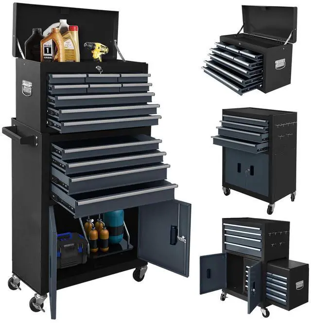 Main image of 13-Drawer Rolling Tool Chest with Double Doors, 2 in 1 Detachable Rolling Tool Chest with Drawers, Mobile Tool Cabinet Combo, Metal Large Lockable Tool Box for Garage Workshop (Black-Gray)