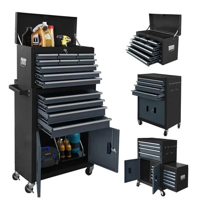 Alt view image 2 of 2 - 13-Drawer Rolling Tool Chest with Double Doors, 2 in 1 Detachable Rolling Tool Chest with Drawers, Mobile Tool Cabinet Combo, Metal Large Lockable Tool Box for Garage Workshop (Black-Gray)
