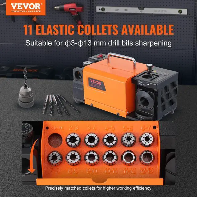 Alt view image 2 of 6 - Drill Bits Sharpener, MR-13A Drill Bits Grinder Sharpener 3-13mm, 95° to 135° Point Angle Adjustable Drill Bit Re-Sharpener, Portable Bits Sharpening Machine with 11 Collets, CBN Wheel for HSS