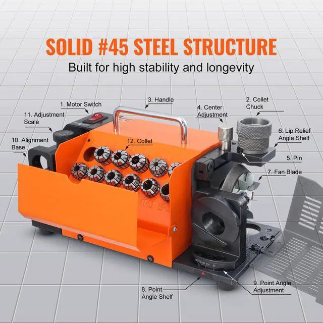 Alt view image 6 of 6 - Drill Bits Sharpener, MR-13A Drill Bits Grinder Sharpener 3-13mm, 95° to 135° Point Angle Adjustable Drill Bit Re-Sharpener, Portable Bits Sharpening Machine with 11 Collets, CBN Wheel for HSS