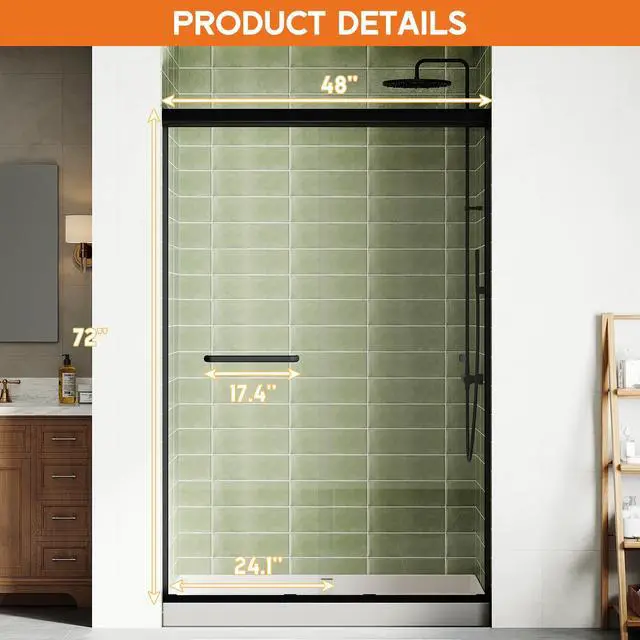 Alt view image 2 of 6 - 44-48" W x 72" H Semi-Frameless Walk-in Shower Door, 4" Adjustable Design, 1/4inch Thick Tempered Glass, Matte Black Aluminum Alloy Frame, Modern Bathroom Shower Sliding Door