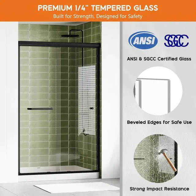 Alt view image 3 of 6 - 44-48" W x 72" H Semi-Frameless Walk-in Shower Door, 4" Adjustable Design, 1/4inch Thick Tempered Glass, Matte Black Aluminum Alloy Frame, Modern Bathroom Shower Sliding Door