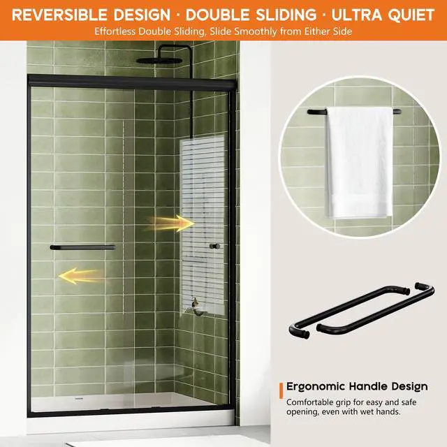 Alt view image 4 of 6 - 44-48" W x 72" H Semi-Frameless Walk-in Shower Door, 4" Adjustable Design, 1/4inch Thick Tempered Glass, Matte Black Aluminum Alloy Frame, Modern Bathroom Shower Sliding Door