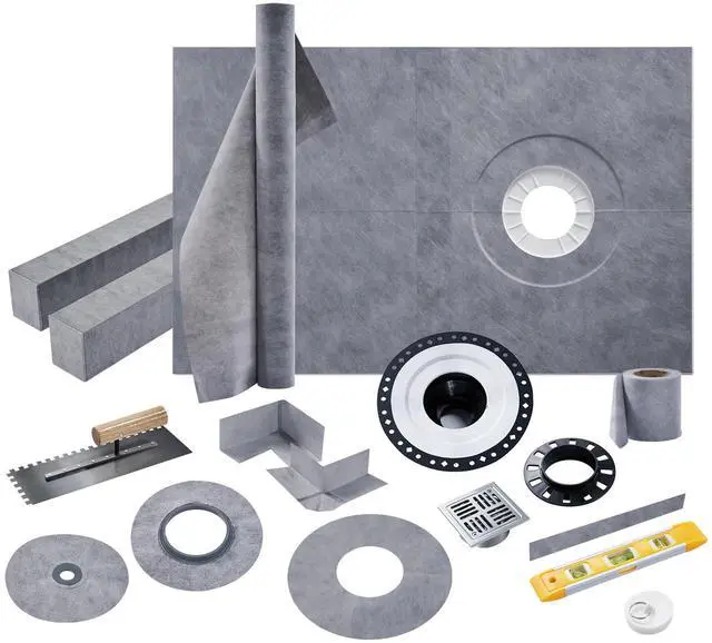 Main image of Shower Curb Kit, Complete Shower System with 38" x 60" Tray Featuring Off-Center Drain, Includes Curb, Membrane, Seals, Corners, ABS Bonding Flange, Trowel & Level