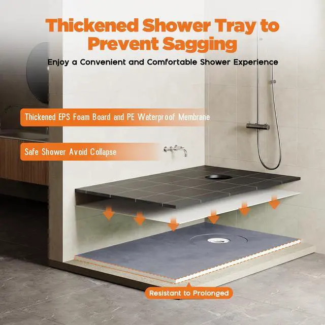 Alt view image 2 of 6 - Shower Curb Kit, Complete Shower System with 38" x 60" Tray Featuring Off-Center Drain, Includes Curb, Membrane, Seals, Corners, ABS Bonding Flange, Trowel & Level