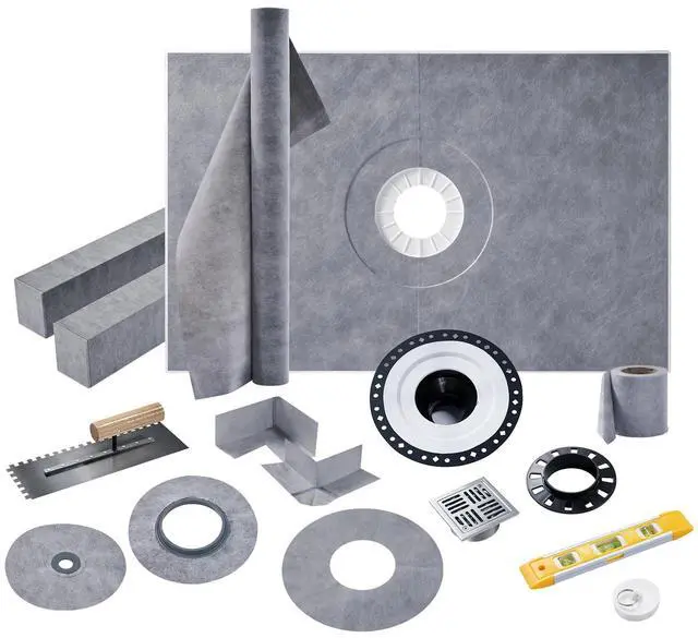 Main image of Shower Curb Kit, Full Shower Installation Set with 38" x 60" Tray, Curb, Membrane, Seals, ABS Bonding Flange, Corners, Trowel & Level, Center Outlet