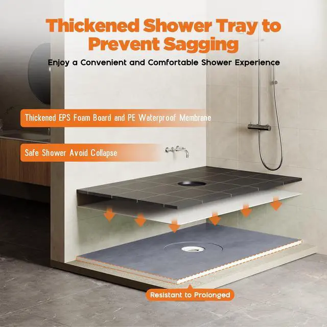Alt view image 2 of 6 - Shower Curb Kit, Full Shower Installation Set with 38" x 60" Tray, Curb, Membrane, Seals, ABS Bonding Flange, Corners, Trowel & Level, Center Outlet