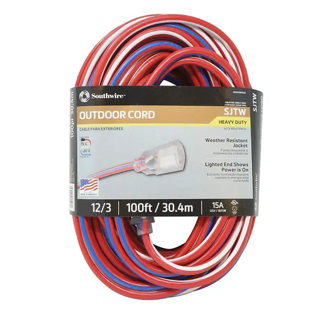 Main image of Extension Cord - Built for Outdoor & Indoor Power Use with Contractor-Grade Durability - Heavy-Duty SJTW Jacket - UL Certified - 12/3 SJTW - Red/White/Blue - 100 Foot