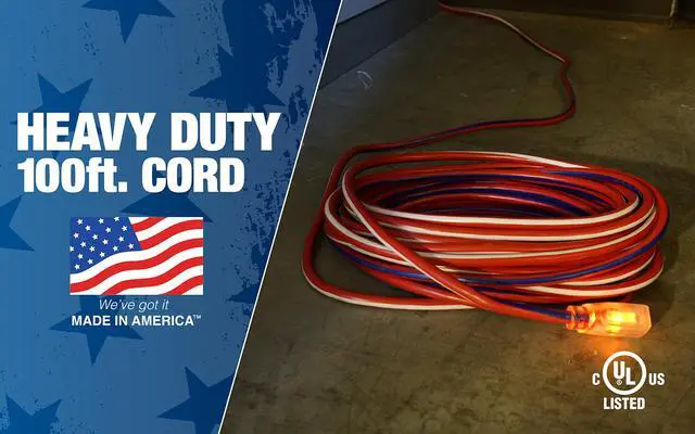 Alt view image 2 of 6 - Extension Cord - Built for Outdoor & Indoor Power Use with Contractor-Grade Durability - Heavy-Duty SJTW Jacket - UL Certified - 12/3 SJTW - Red/White/Blue - 100 Foot