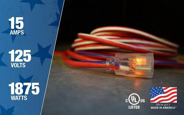Alt view image 6 of 6 - Extension Cord - Built for Outdoor & Indoor Power Use with Contractor-Grade Durability - Heavy-Duty SJTW Jacket - UL Certified - 12/3 SJTW - Red/White/Blue - 100 Foot