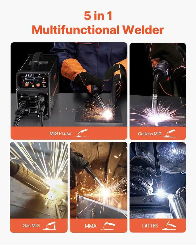 Alt view image 2 of 6 - Pro MIG Welder, 200A Pluse Mig Welding Machine, 5-in-1 Multi-Functional Welder Machine MIG Pluse/Gas MIG/Flux Core MIG/Stick/Lift TIG, 110V/220V Dual Voltage Aluminum Mig Welder with LCD Display