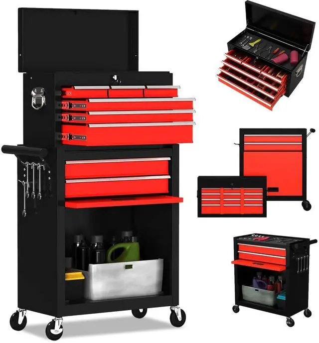 Main image of 8-Drawer High Capacity Rolling Tool Chest, Removable Cabinet Storage Tool Box with Wheels and Drawers, Detachable Toolbox with Lock for Workshop (Black&red)