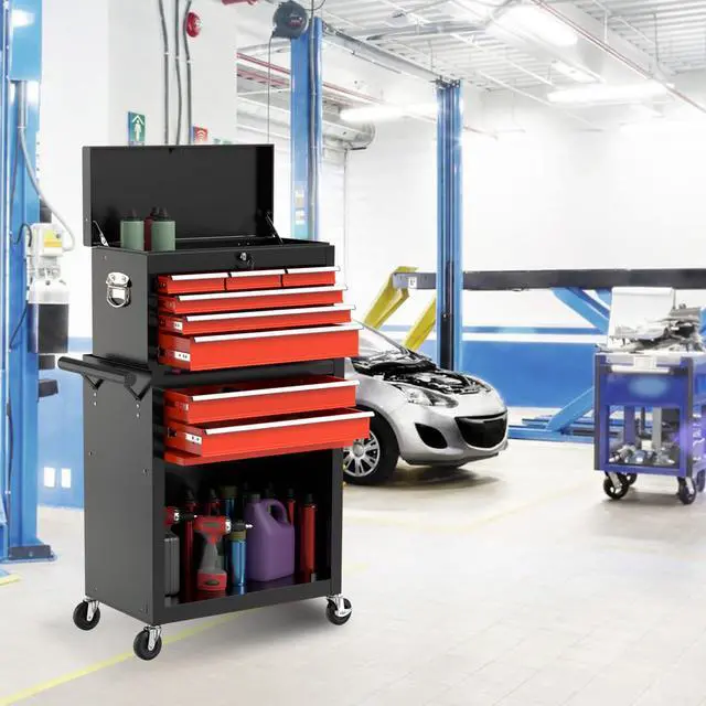 Alt view image 2 of 6 - 8-Drawer High Capacity Rolling Tool Chest, Removable Cabinet Storage Tool Box with Wheels and Drawers, Detachable Toolbox with Lock for Workshop (Black&red)
