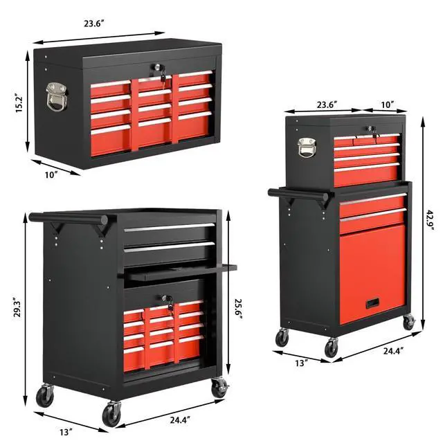 Alt view image 3 of 6 - 8-Drawer High Capacity Rolling Tool Chest, Removable Cabinet Storage Tool Box with Wheels and Drawers, Detachable Toolbox with Lock for Workshop (Black&red)