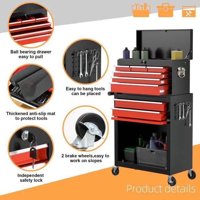Alt view image 4 of 6 - 8-Drawer High Capacity Rolling Tool Chest, Removable Cabinet Storage Tool Box with Wheels and Drawers, Detachable Toolbox with Lock for Workshop (Black&red)