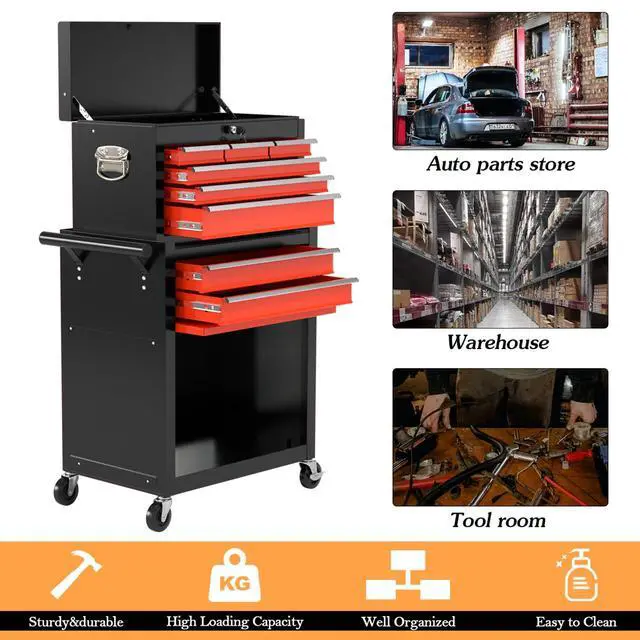 Alt view image 5 of 6 - 8-Drawer High Capacity Rolling Tool Chest, Removable Cabinet Storage Tool Box with Wheels and Drawers, Detachable Toolbox with Lock for Workshop (Black&red)