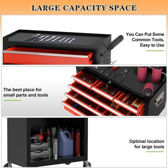 Alt view image 6 of 6 - 8-Drawer High Capacity Rolling Tool Chest, Removable Cabinet Storage Tool Box with Wheels and Drawers, Detachable Toolbox with Lock for Workshop (Black&red)