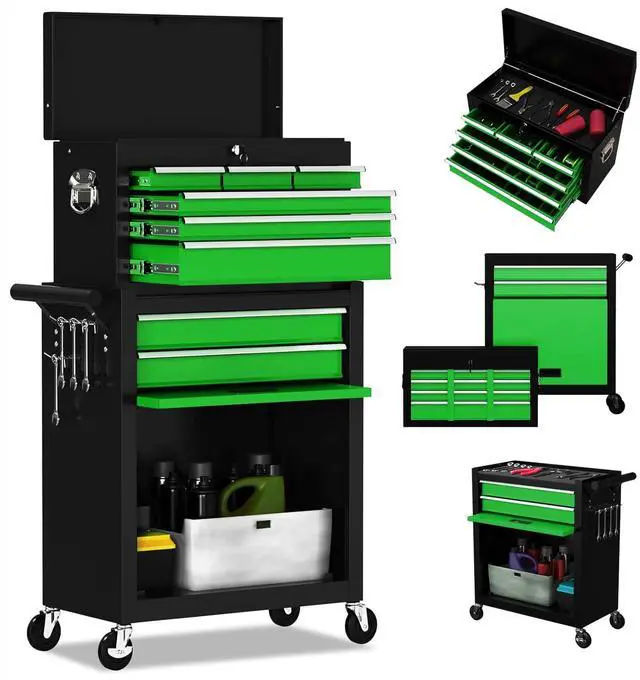 Main image of 8-Drawer High Capacity Rolling Tool Chest, Removable Cabinet Storage Tool Box with Wheels and Drawers, Detachable Toolbox with Lock for Workshop Mechanics Garage(Black&Green)