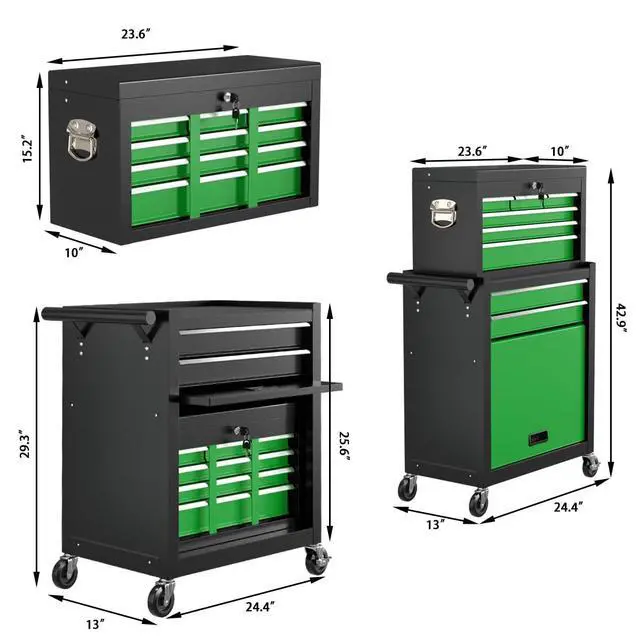 Alt view image 3 of 6 - 8-Drawer High Capacity Rolling Tool Chest, Removable Cabinet Storage Tool Box with Wheels and Drawers, Detachable Toolbox with Lock for Workshop Mechanics Garage(Black&Green)