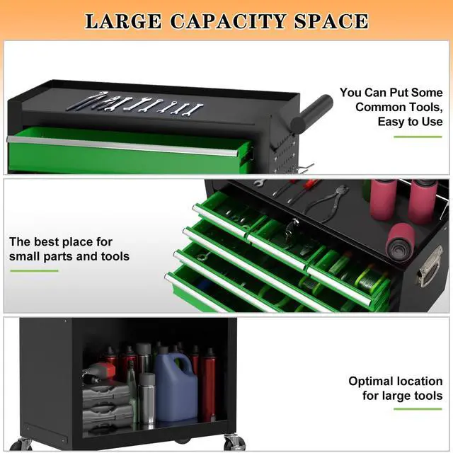 Alt view image 4 of 6 - 8-Drawer High Capacity Rolling Tool Chest, Removable Cabinet Storage Tool Box with Wheels and Drawers, Detachable Toolbox with Lock for Workshop Mechanics Garage(Black&Green)