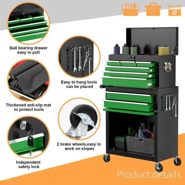 Alt view image 5 of 6 - 8-Drawer High Capacity Rolling Tool Chest, Removable Cabinet Storage Tool Box with Wheels and Drawers, Detachable Toolbox with Lock for Workshop Mechanics Garage(Black&Green)