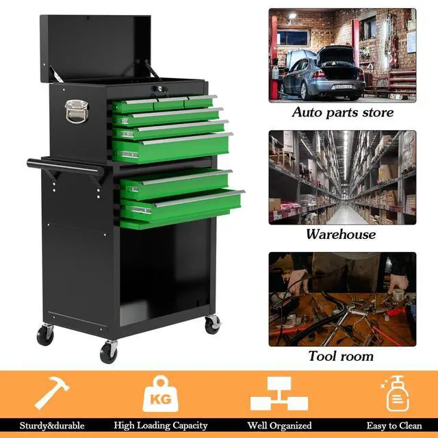 Alt view image 6 of 6 - 8-Drawer High Capacity Rolling Tool Chest, Removable Cabinet Storage Tool Box with Wheels and Drawers, Detachable Toolbox with Lock for Workshop Mechanics Garage(Black&Green)