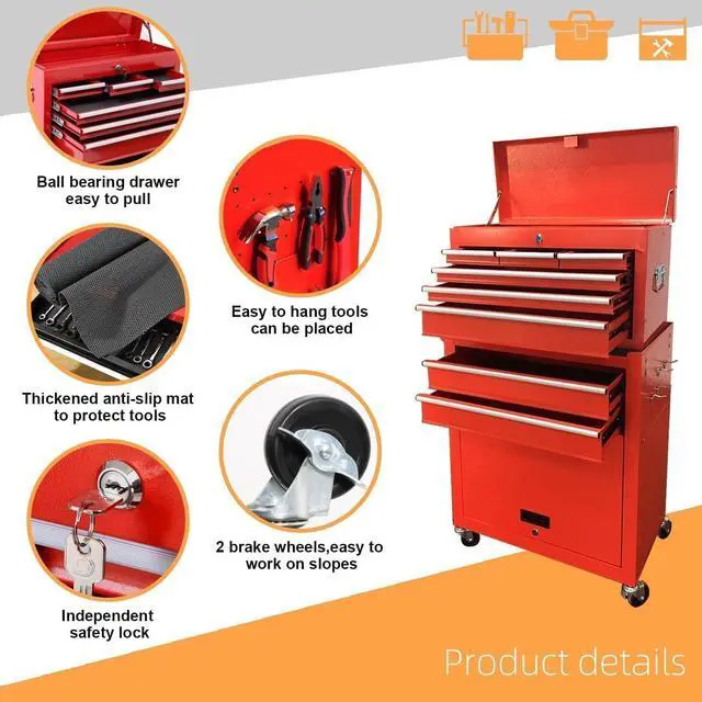 Alt view image 6 of 6 - 8-Drawer High Capacity Rolling Tool Chest, Removable Cabinet Storage Tool Box with Wheels and Drawers