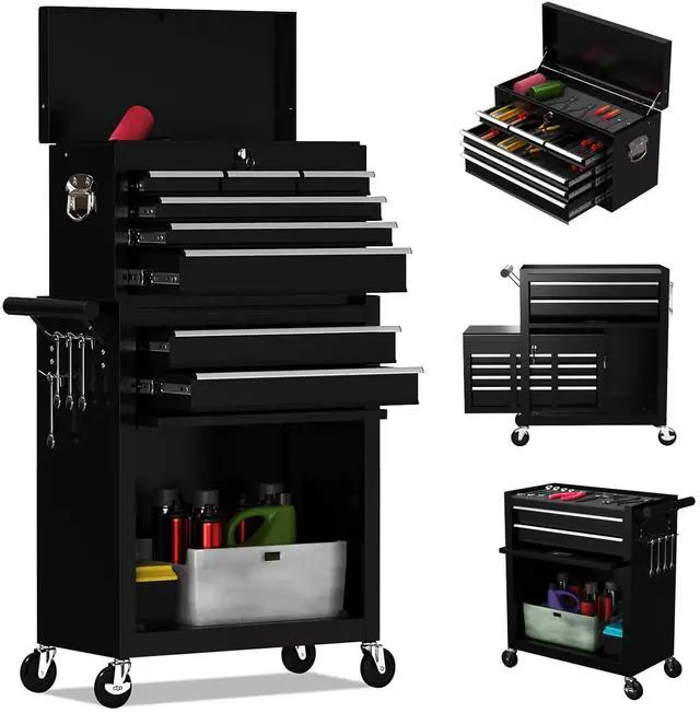 Main image of 8-Drawer High Capacity Rolling Tool Chest, Removable Cabinet Storage Tool Box with Wheels and Drawers, Detachable Toolbox with Lock for Workshop Mechanics Garage (Black)