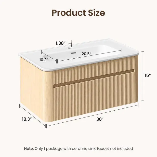 Alt view image 2 of 6 - 30 Inch Floating Bathroom Vanity with Ceramic Sink Combo, Solid Wood Curved Frame, Fluted Modern Wall Mounted Single Cabinet, Smart Storage, Soft-Close Drawer, Easy Assembly, Oak