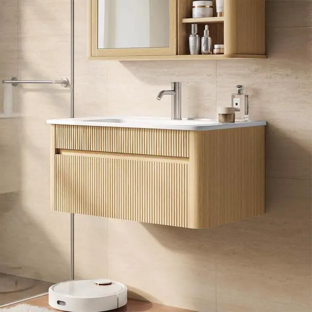 Alt view image 3 of 6 - 30 Inch Floating Bathroom Vanity with Ceramic Sink Combo, Solid Wood Curved Frame, Fluted Modern Wall Mounted Single Cabinet, Smart Storage, Soft-Close Drawer, Easy Assembly, Oak
