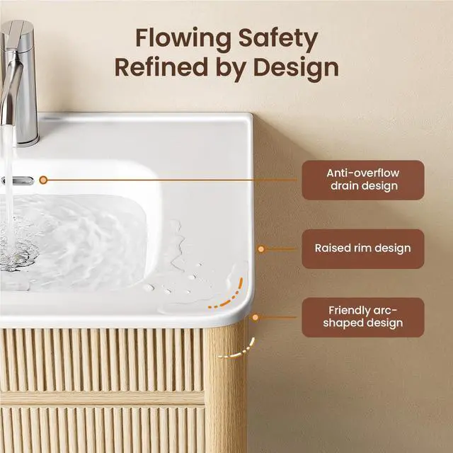 Alt view image 5 of 6 - 30 Inch Floating Bathroom Vanity with Ceramic Sink Combo, Solid Wood Curved Frame, Fluted Modern Wall Mounted Single Cabinet, Smart Storage, Soft-Close Drawer, Easy Assembly, Oak
