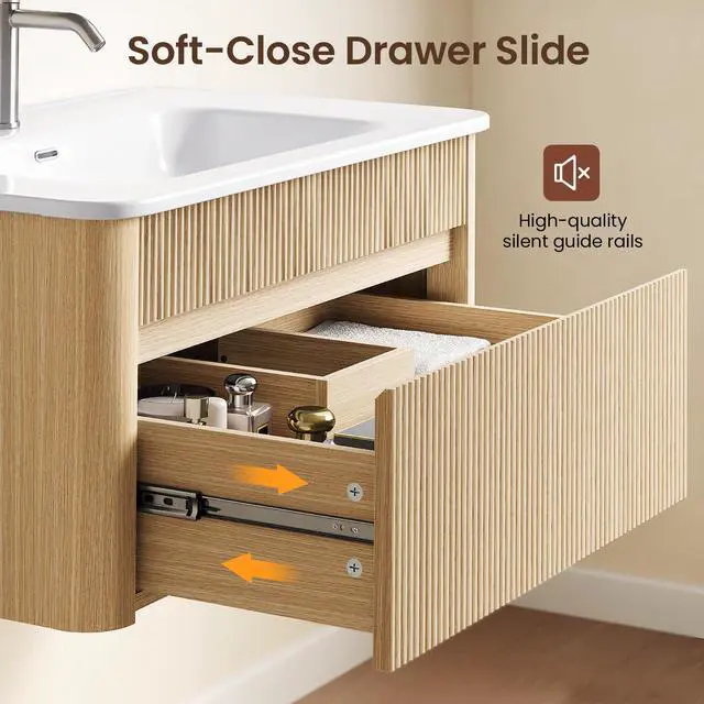 Alt view image 6 of 6 - 30 Inch Floating Bathroom Vanity with Ceramic Sink Combo, Solid Wood Curved Frame, Fluted Modern Wall Mounted Single Cabinet, Smart Storage, Soft-Close Drawer, Easy Assembly, Oak