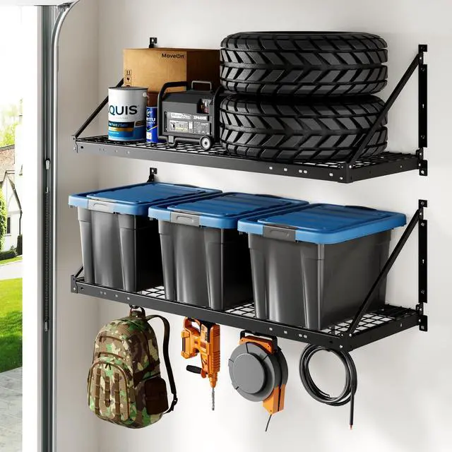 Main image of 2-Pack 2x4ft Garage Wall Shelving with 4 Hooks - Heavy Duty Garage Storage System, 660 lbs Load Capacity with Brace Guardrail, Wall Mounted Organization for Bikes, Tools, Bins, Pro Series