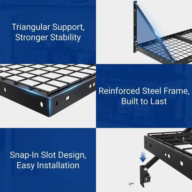 Alt view image 4 of 6 - 2-Pack 2x4ft Garage Wall Shelving with 4 Hooks - Heavy Duty Garage Storage System, 660 lbs Load Capacity with Brace Guardrail, Wall Mounted Organization for Bikes, Tools, Bins, Pro Series
