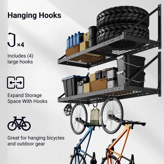 Alt view image 5 of 6 - 2-Pack 2x4ft Garage Wall Shelving with 4 Hooks - Heavy Duty Garage Storage System, 660 lbs Load Capacity with Brace Guardrail, Wall Mounted Organization for Bikes, Tools, Bins, Pro Series