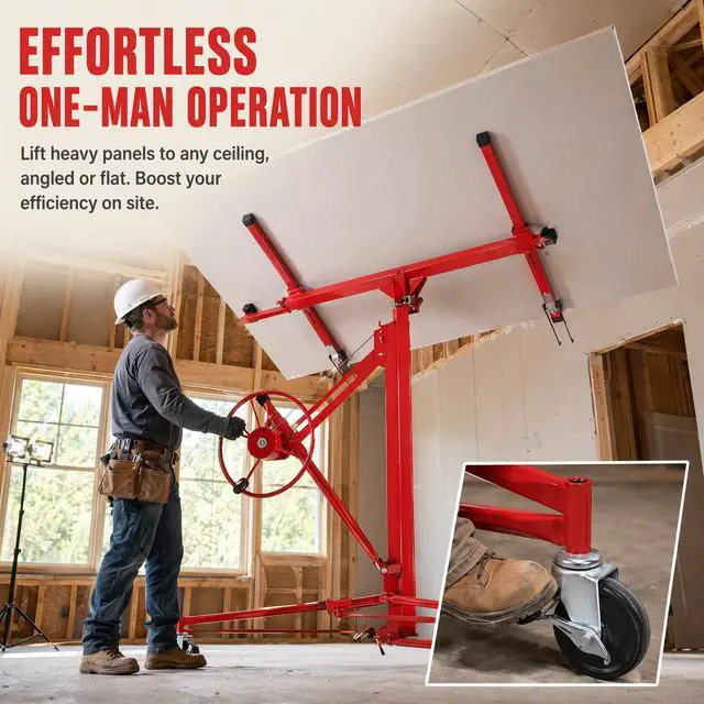Alt view image 2 of 6 - 16 FT Drywall Lift Panel Rolling Hoist Jack Lifter Sheetrock, Drywall Lifting Construction Tools Caster Wheel with Adjustable Telescopic Arm, Red