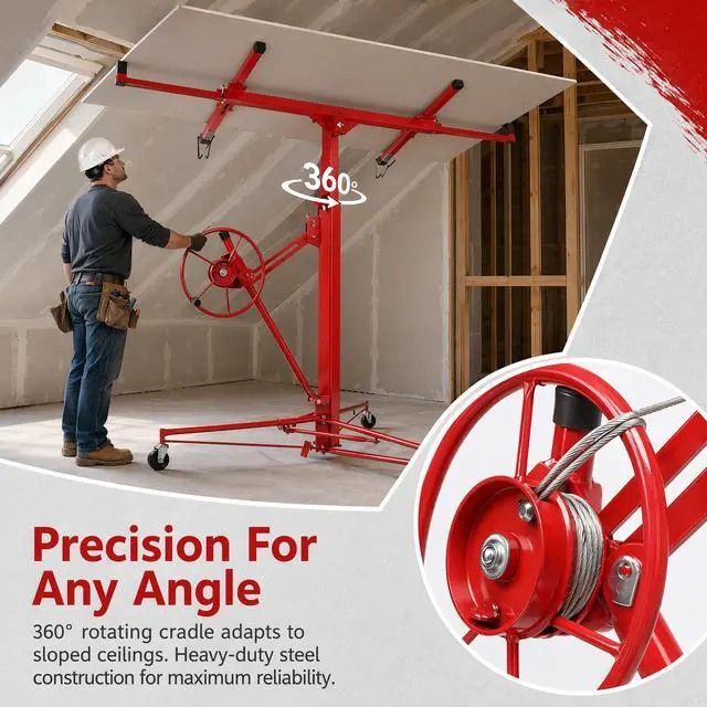Alt view image 4 of 6 - 16 FT Drywall Lift Panel Rolling Hoist Jack Lifter Sheetrock, Drywall Lifting Construction Tools Caster Wheel with Adjustable Telescopic Arm, Red