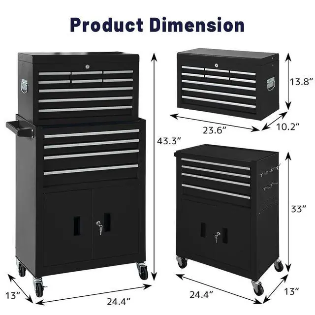 Alt view image 3 of 6 - 13-Drawer Rolling Tool Chest with Double Doors, 2 in 1 Detachable Rolling Tool Chest with Drawers, Mobile Tool Cabinet Combo, Metal Large Lockable Tool Box for Garage Workshop (Black)