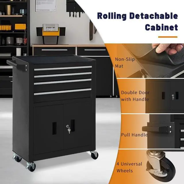 Alt view image 5 of 6 - 13-Drawer Rolling Tool Chest with Double Doors, 2 in 1 Detachable Rolling Tool Chest with Drawers, Mobile Tool Cabinet Combo, Metal Large Lockable Tool Box for Garage Workshop (Black)