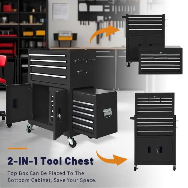 Alt view image 6 of 6 - 13-Drawer Rolling Tool Chest with Double Doors, 2 in 1 Detachable Rolling Tool Chest with Drawers, Mobile Tool Cabinet Combo, Metal Large Lockable Tool Box for Garage Workshop (Black)
