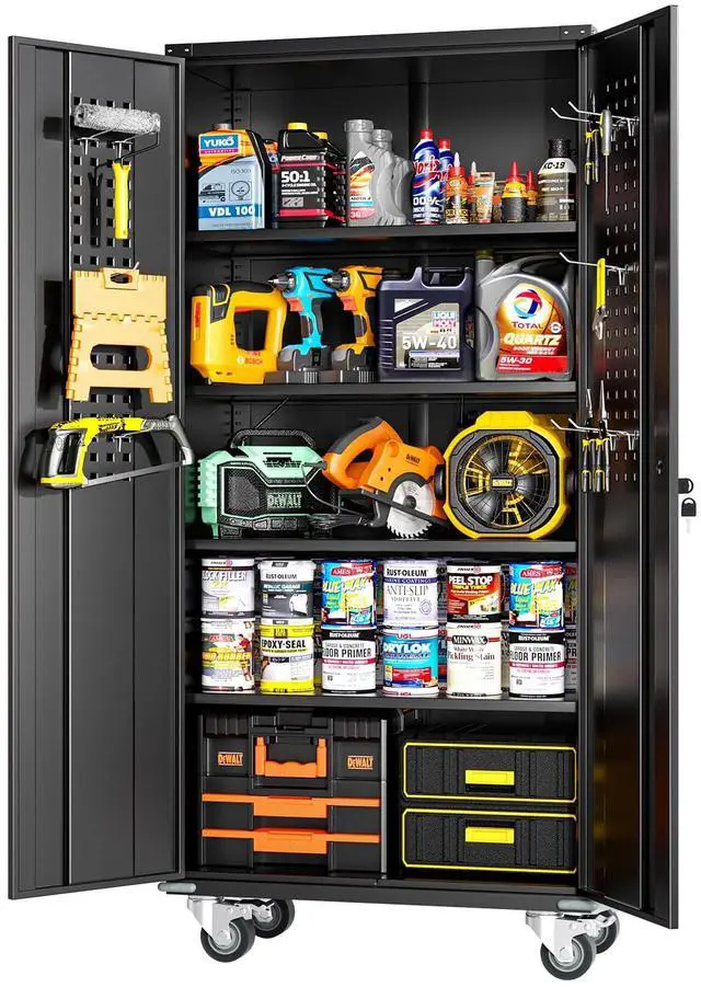 Main image of 72" Black Metal Storage Cabinet with Wheels, Pegboards, Locking Doors and Shelves, Rolling Tool Cabinet for Garage, Home, Basement, Kitchen